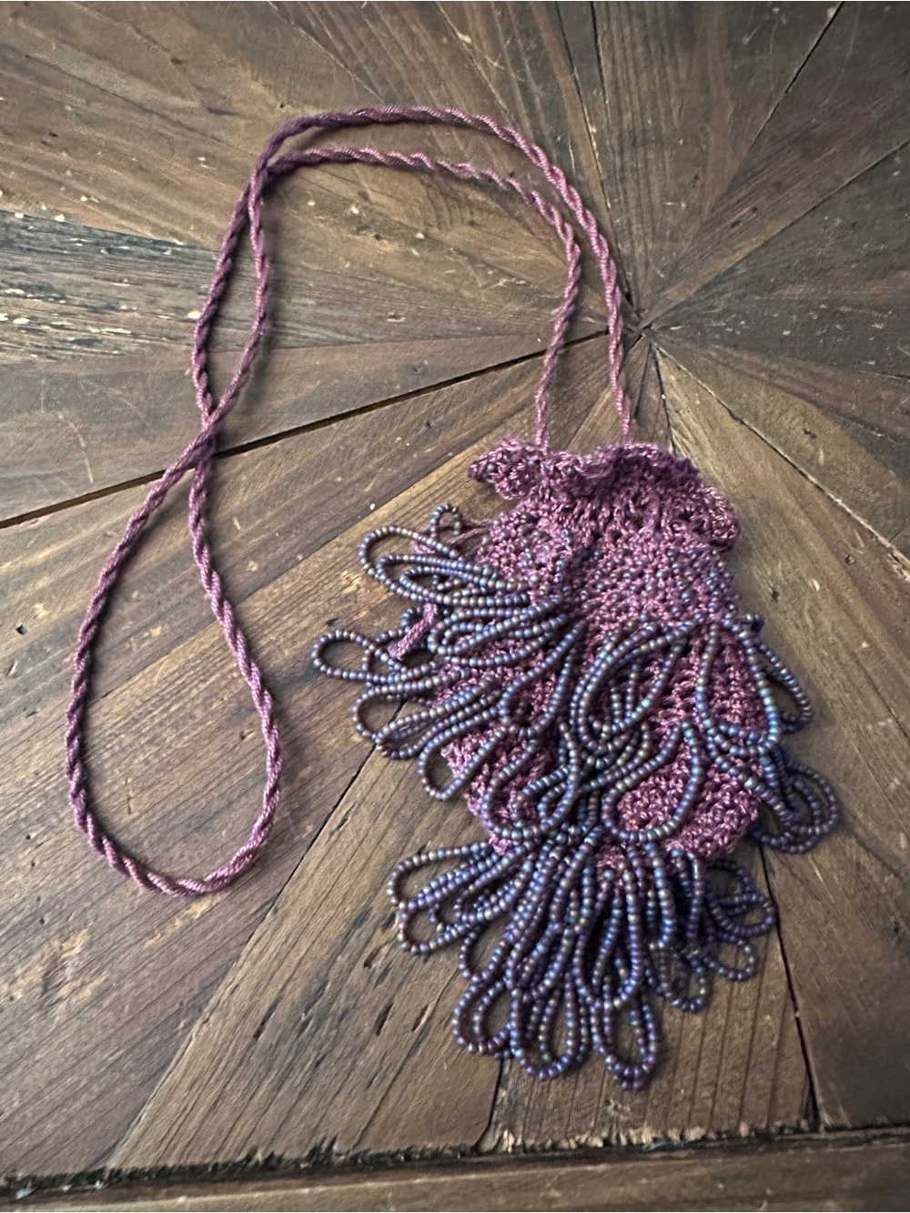 Handmade Beaded Fringe Drawstring Pouch Necklace- Mauve Purple